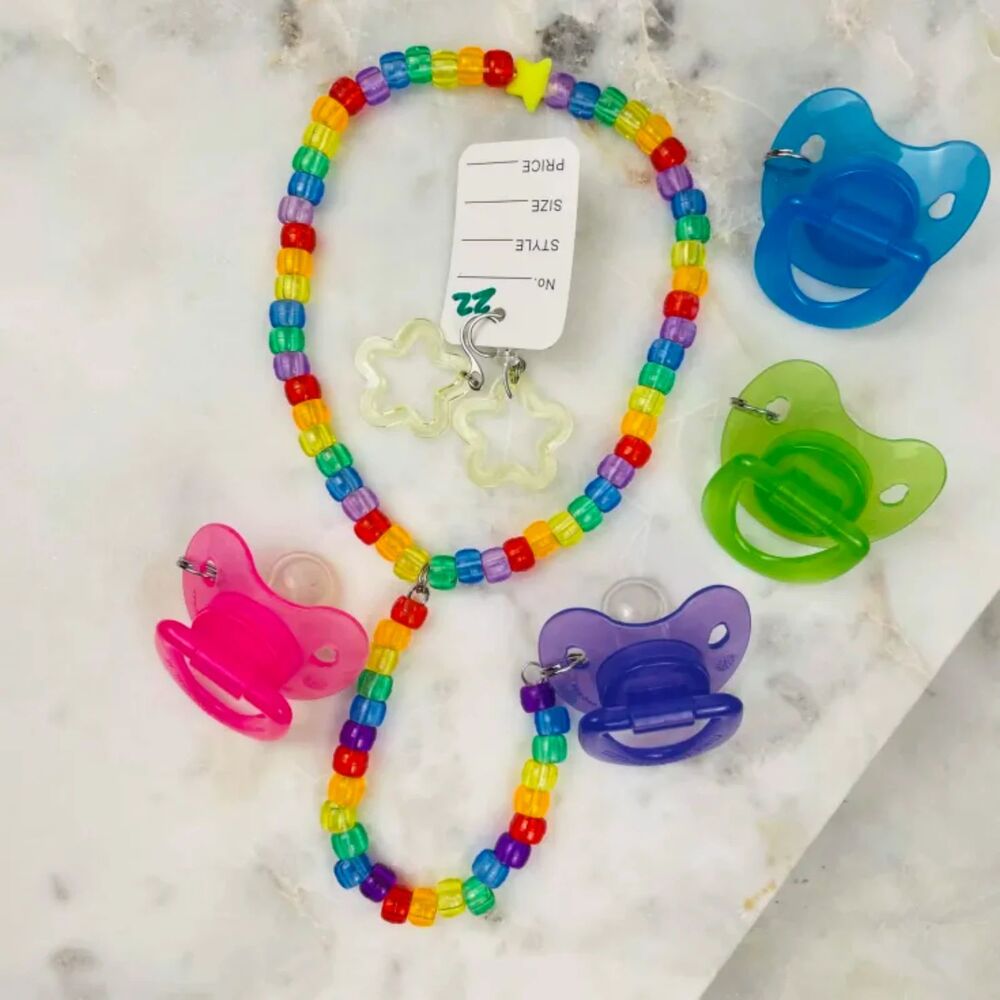 (Rainbow Brite) kandi Rave Necklace cord binky earrings Customizable